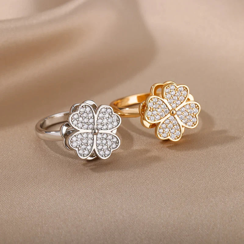 Anti-Stress Ring Rotating Band Four-Leaf Clover silver