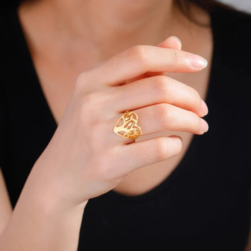Women’s Tree of Life Ring Heart Signet Band Gold