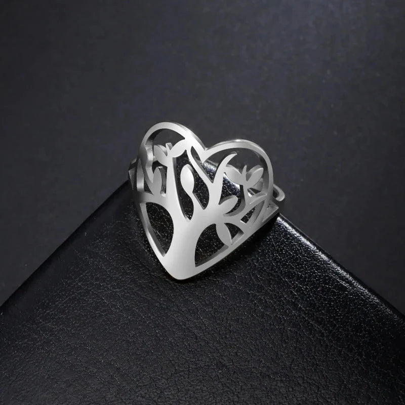 Women’s Tree of Life Ring Heart Band Silver