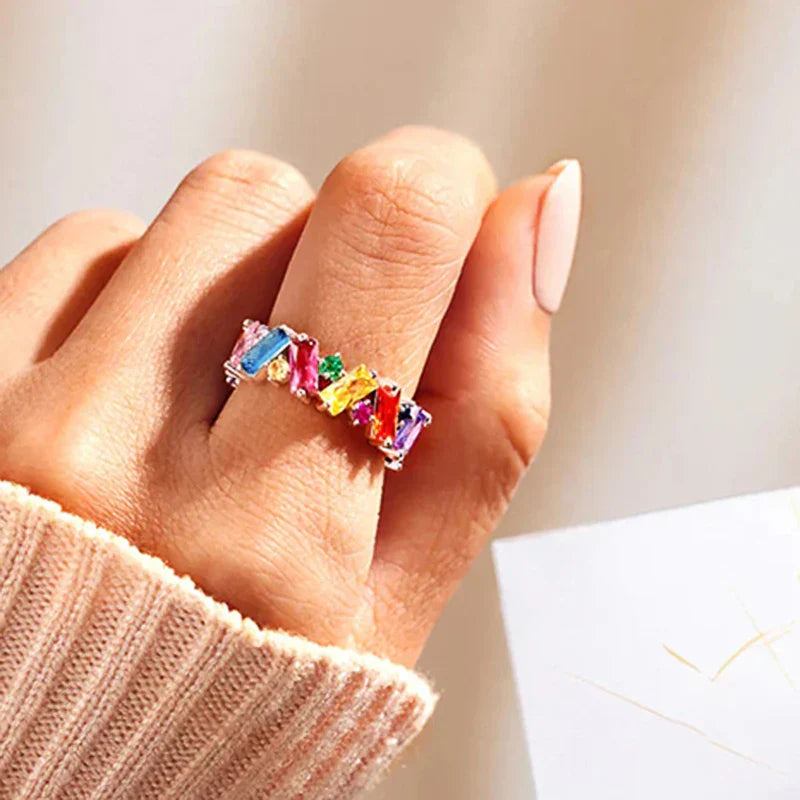 Geometric rainbow silver ring