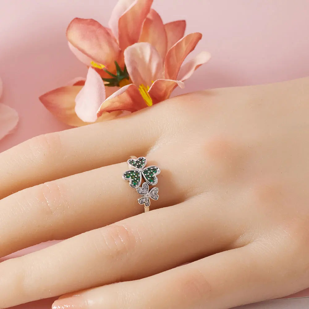 Ring with Green Zircon Hearts and 3-Leaf Clover
