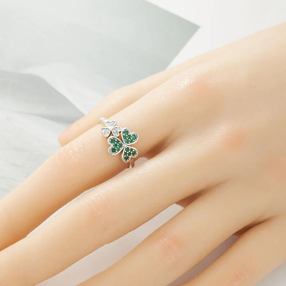 Ring with Green Zircon Hearts and 3-Leaf Clover