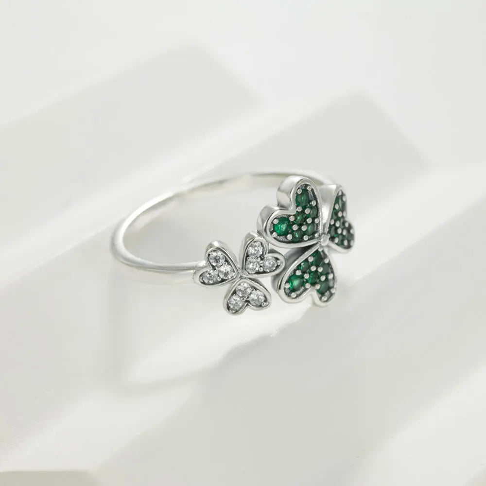 Ring with Green Zircon Hearts and 3-Leaf Clover
