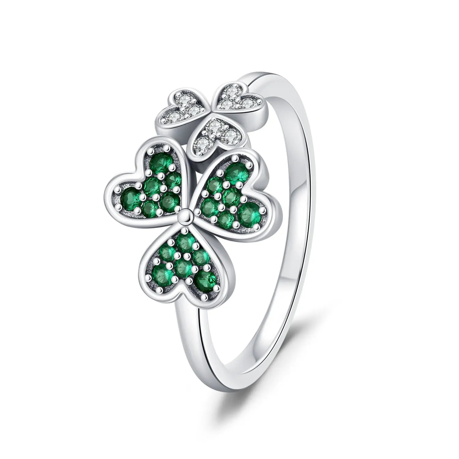 Ring with Green Zircon Hearts and 3-Leaf Clover