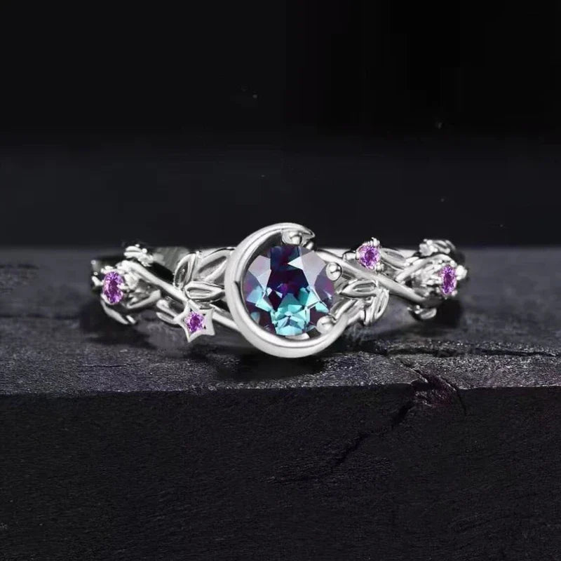 Ring with Crescent Moon and Silver Zircon