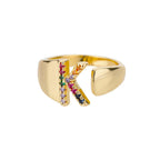Wide personalized ring with rainbow initial k