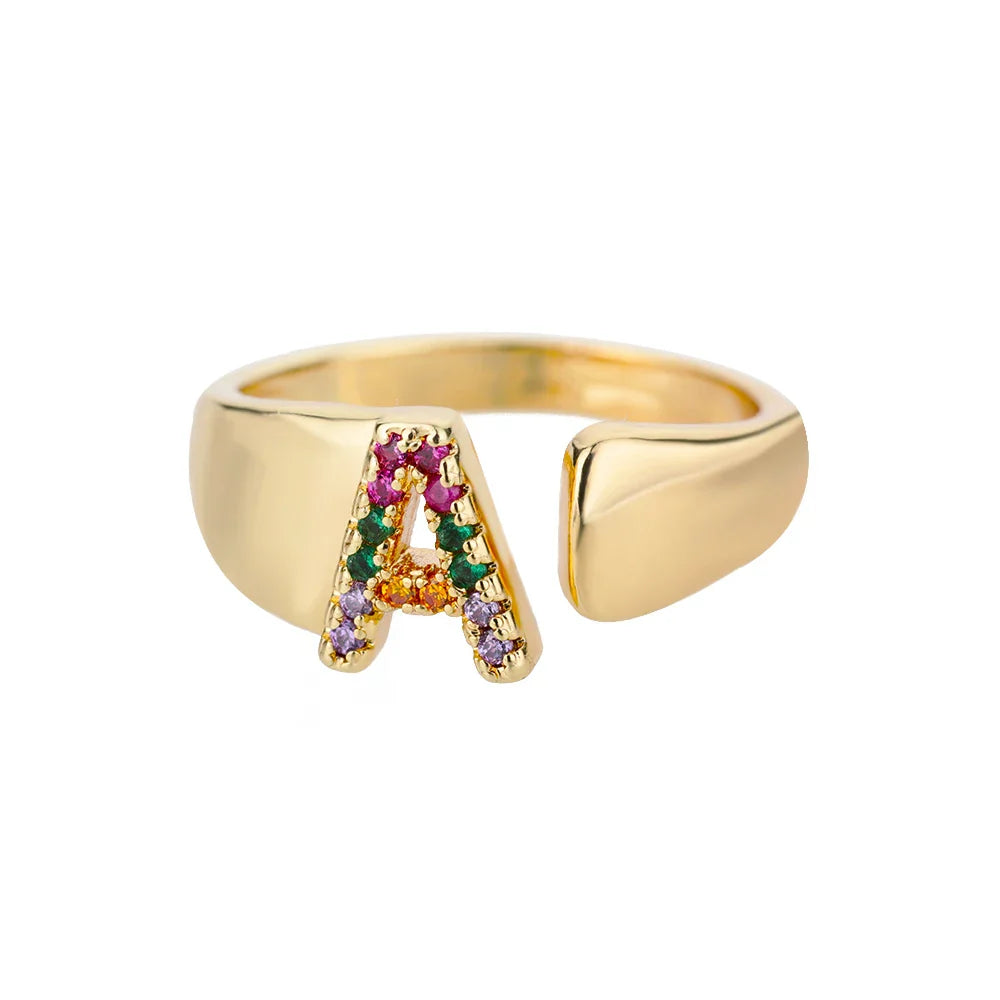 Wide personalized ring with rainbow initial a