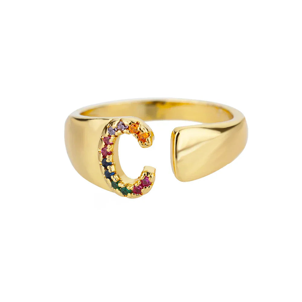 Wide personalized ring with rainbow initial c