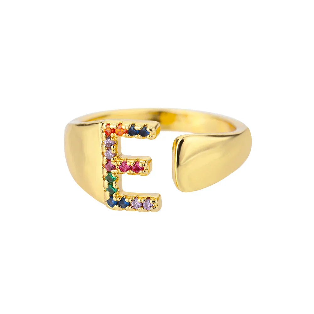 Wide personalized ring with rainbow initial e