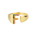 Wide personalized ring with rainbow initial f