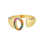 Wide personalized ring with rainbow initial o