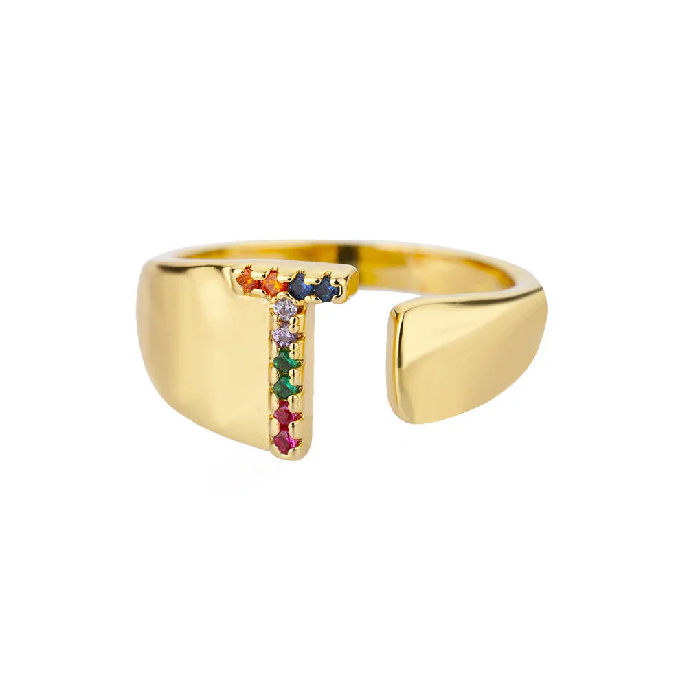 Wide personalized ring with rainbow initial t