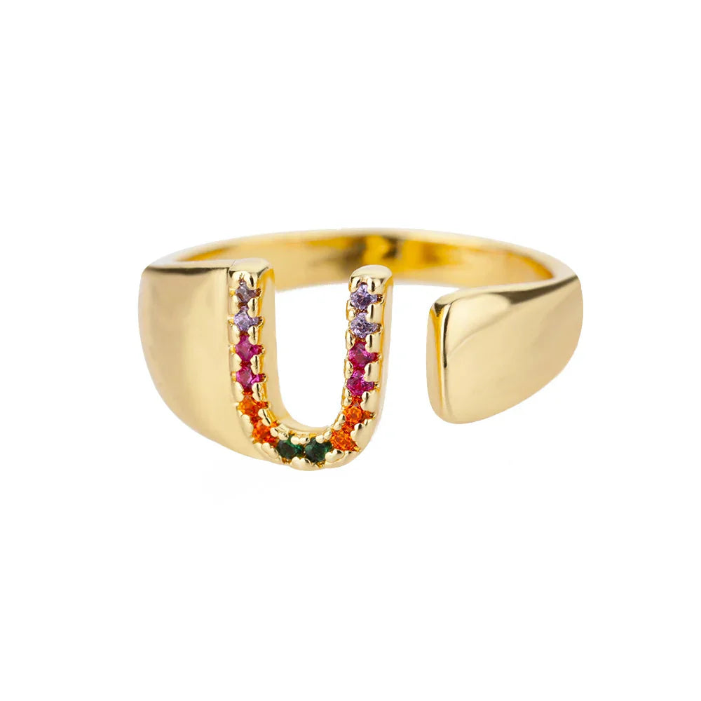 Wide personalized ring with rainbow initial u