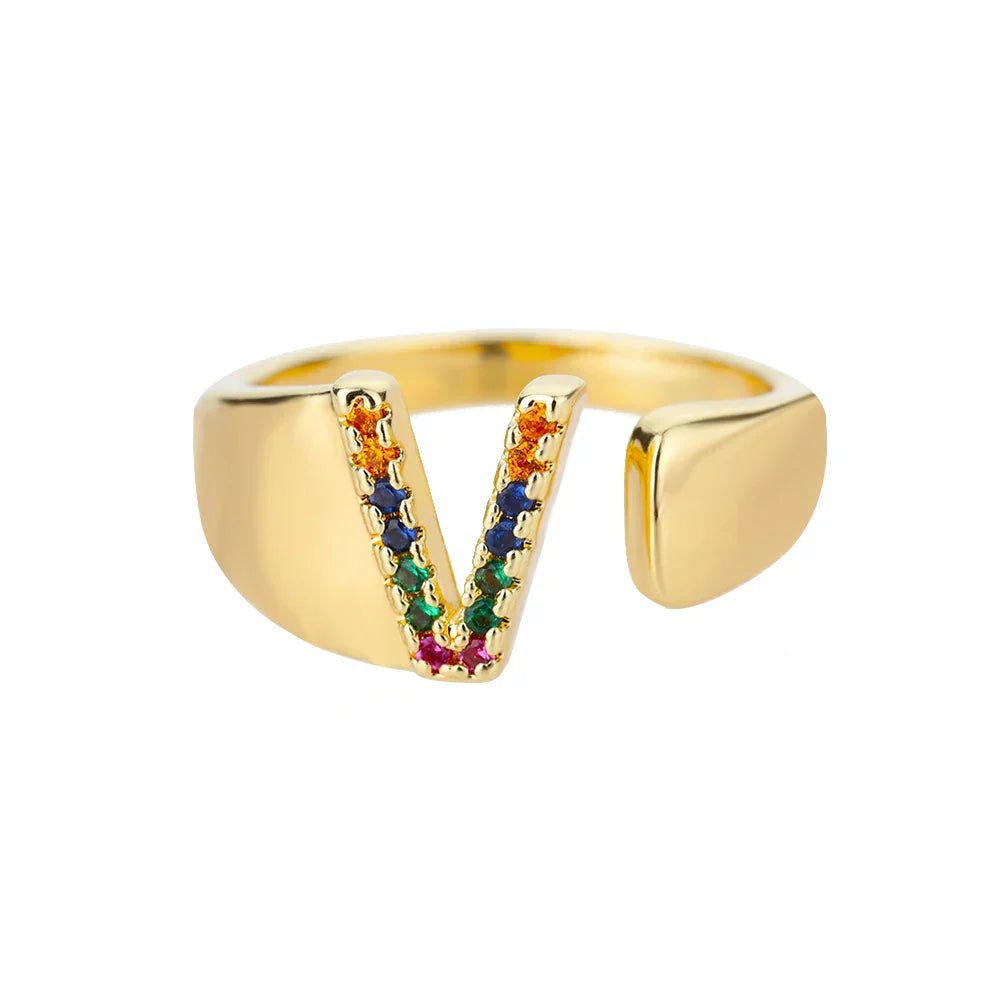 Wide personalized ring with rainbow initial v