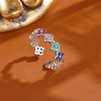 Ring with Colorful 4-Leaf Clovers in Silver Zircon
