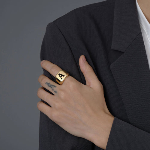 Wide personalized men’s ring with initial A