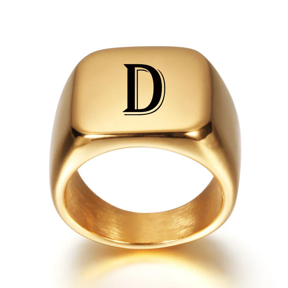 Wide personalized men’s ring with initial D
