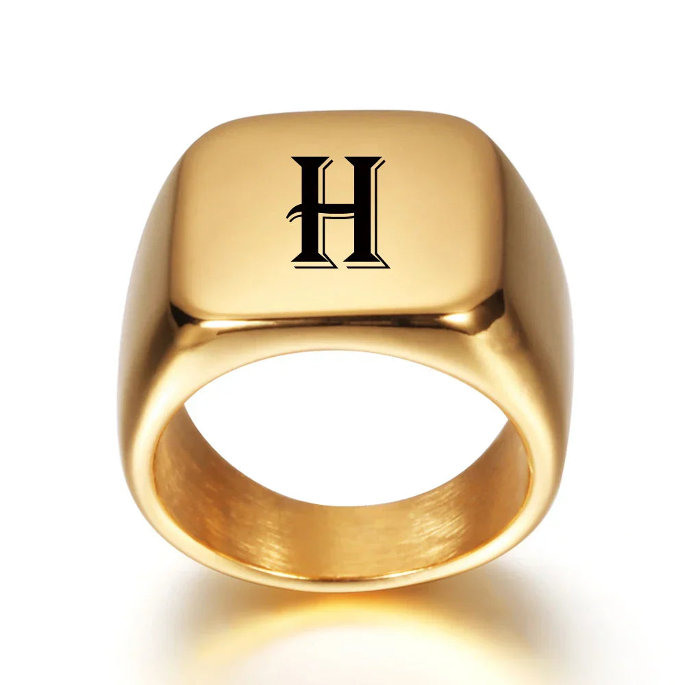 Wide personalized men’s ring with initial H