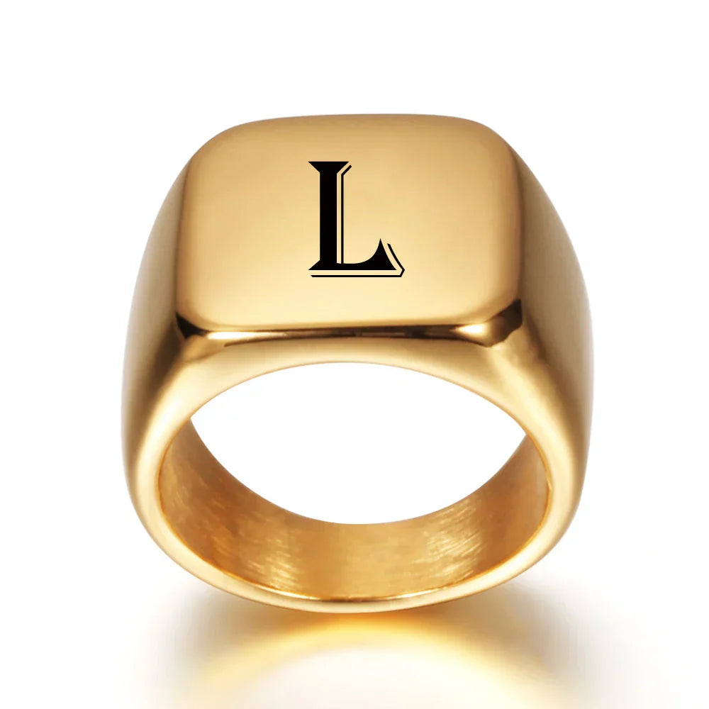 Wide personalized men’s ring with initial L