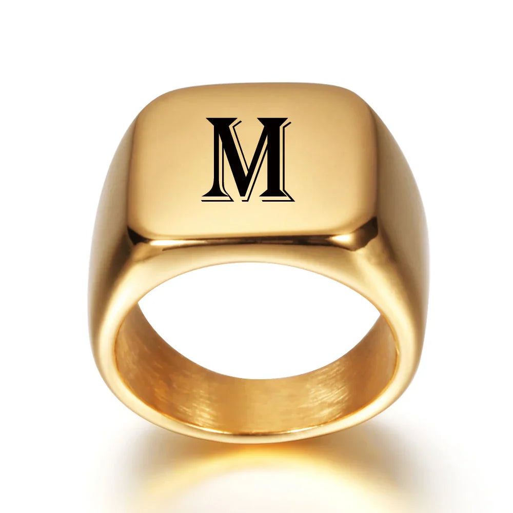 Wide personalized men’s ring with initial M