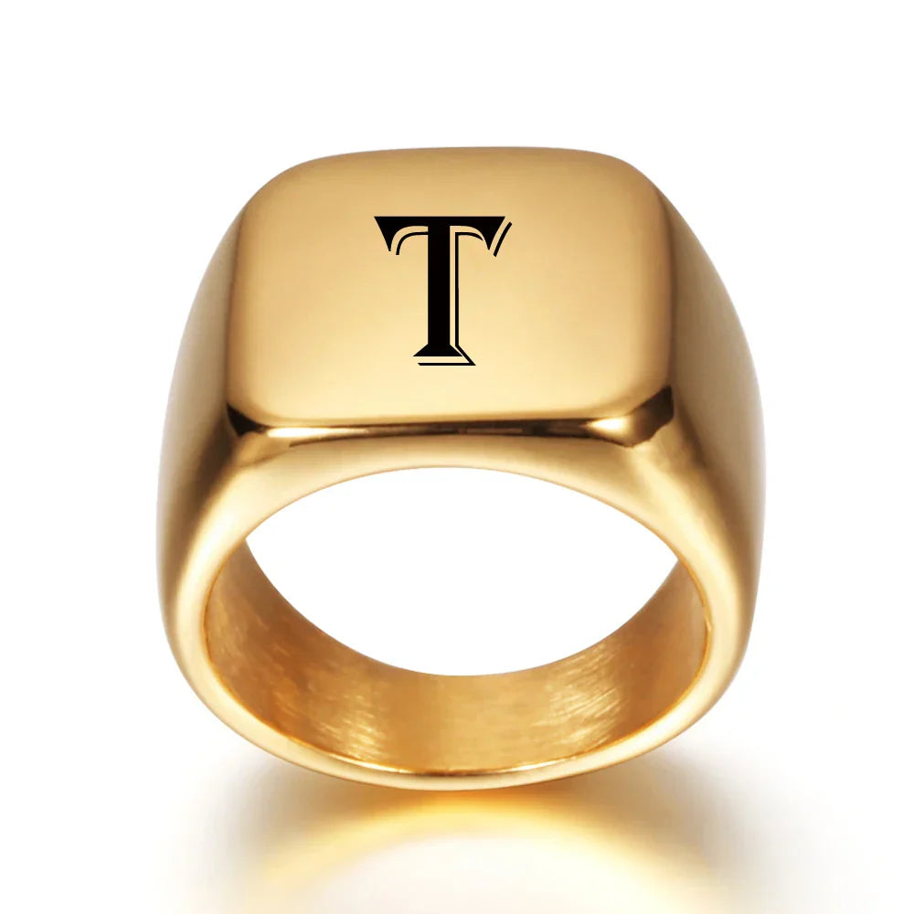 Wide personalized men’s ring with initial T