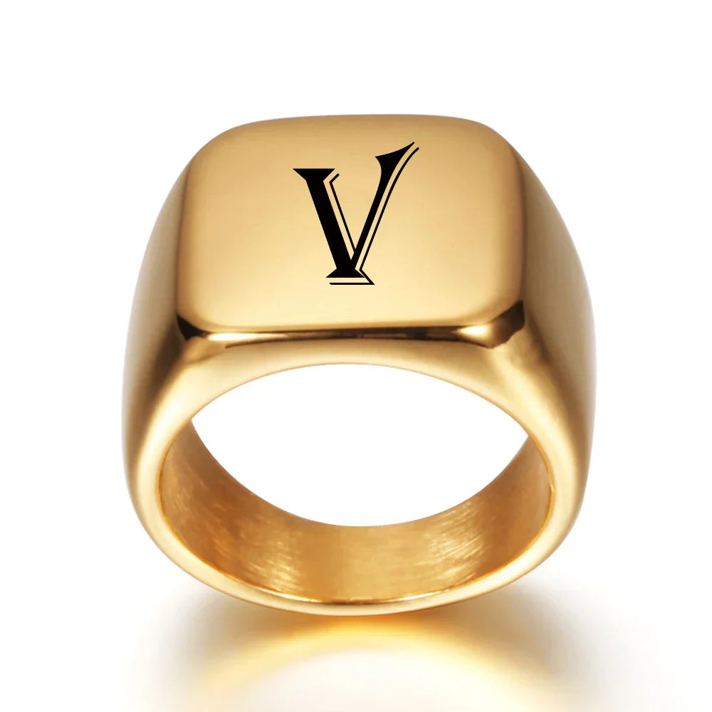 Wide personalized men’s ring with initial V
