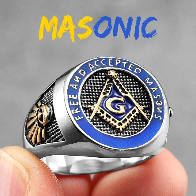 Masonic Signet Ring Men's Blue Gold Ring