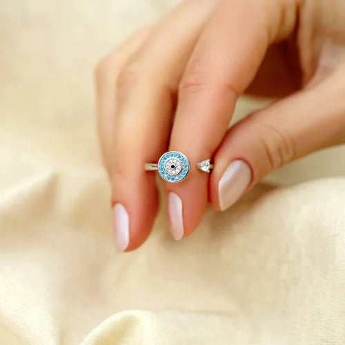 Anti-Anxiety Ring with Turkish Greek Blue Eye Matiasma Mataki