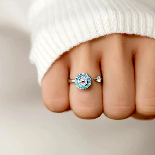 Anti-Anxiety Ring with Turkish Greek Blue Eye Matiasma Mataki