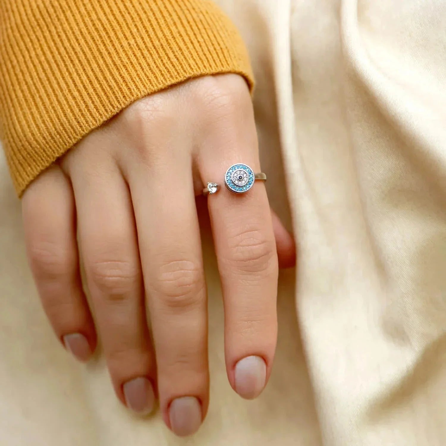 Anti-Anxiety Ring with Turkish Greek Blue Eye Matiasma Mataki