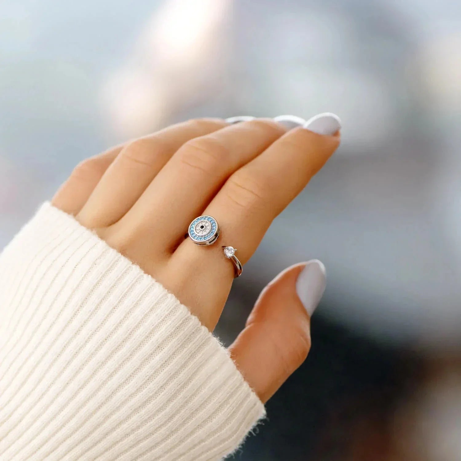 Anti-Anxiety Ring with Turkish Greek Blue Eye Matiasma Mataki