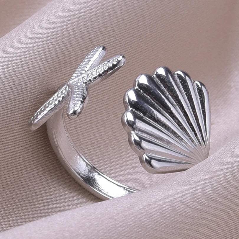 Starfish and Scallop Shell Ring silver