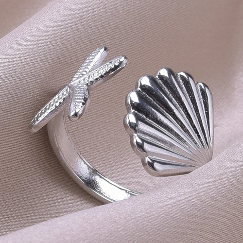 Starfish and Scallop Shell Ring silver