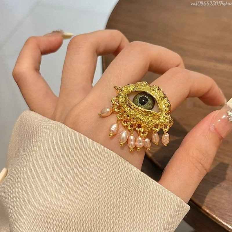 Protection Ring with Blue Eye and Gold Beads