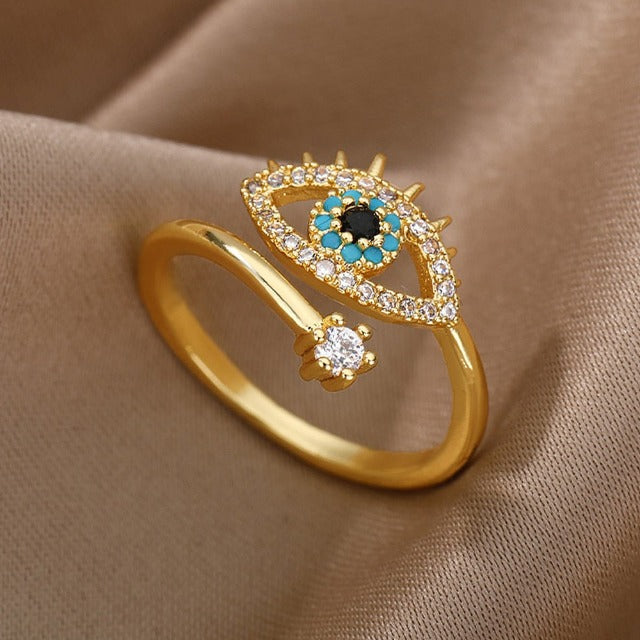 Diamond Ring against the Blue Greek Turkish Evil Eye Matiasma Mataki Gold