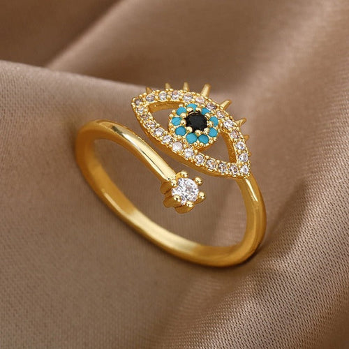 Diamond Ring against the Blue Greek Turkish Evil Eye Matiasma Mataki Gold