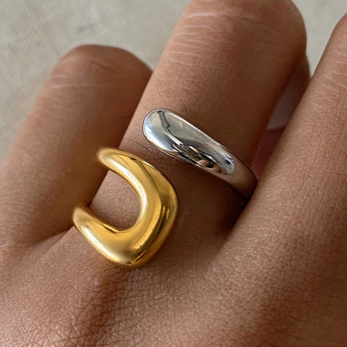 Gold and Silver Ring with Hollow Teardrop Design