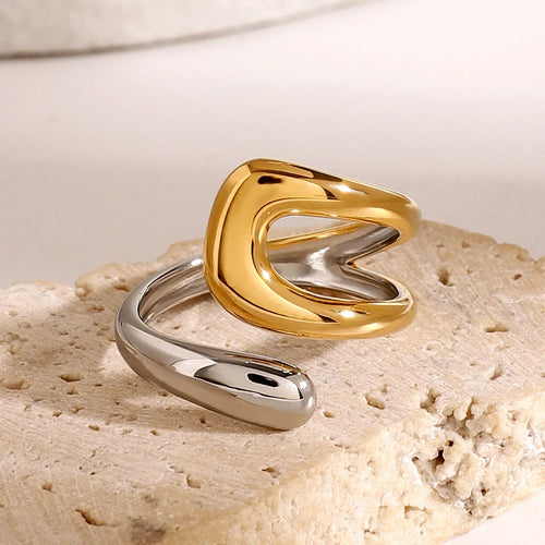 Gold and Silver Ring with Hollow Teardrop Design