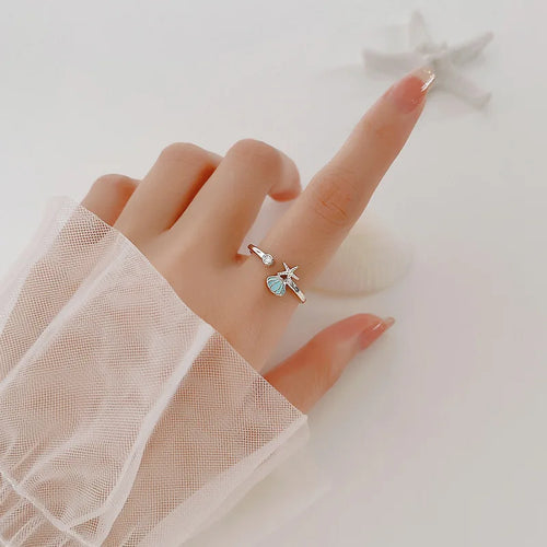 Starfish, Scallop Shell and Zircon Ring in Silver