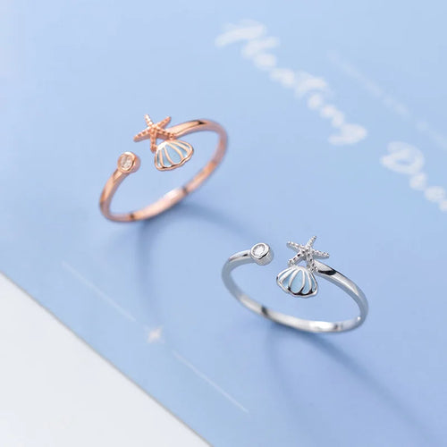 Starfish, Scallop Shell and Zircon Ring in Rose Gold
