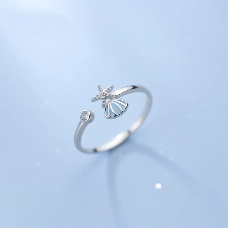 Starfish, Scallop Shell and Zircon Ring in Silver