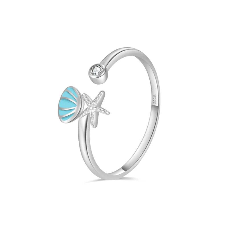 Starfish, Scallop Shell and Zircon Ring in Silver