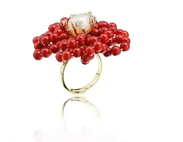 Coral Flower-Shaped Ring with Pearls