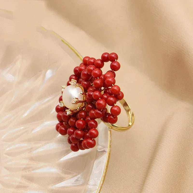 Coral Flower-Shaped Ring with Pearls
