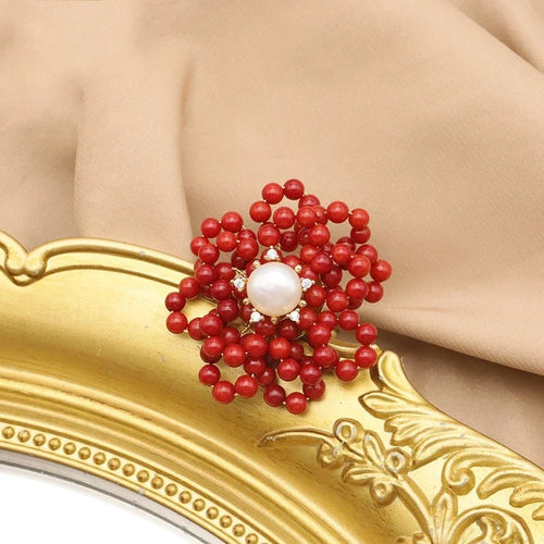 Coral Flower-Shaped Ring with Pearls