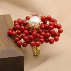 Coral Flower-Shaped Ring with Pearls