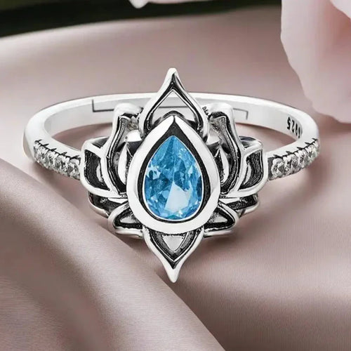 Silver Lotus Flower Ring for Women blue