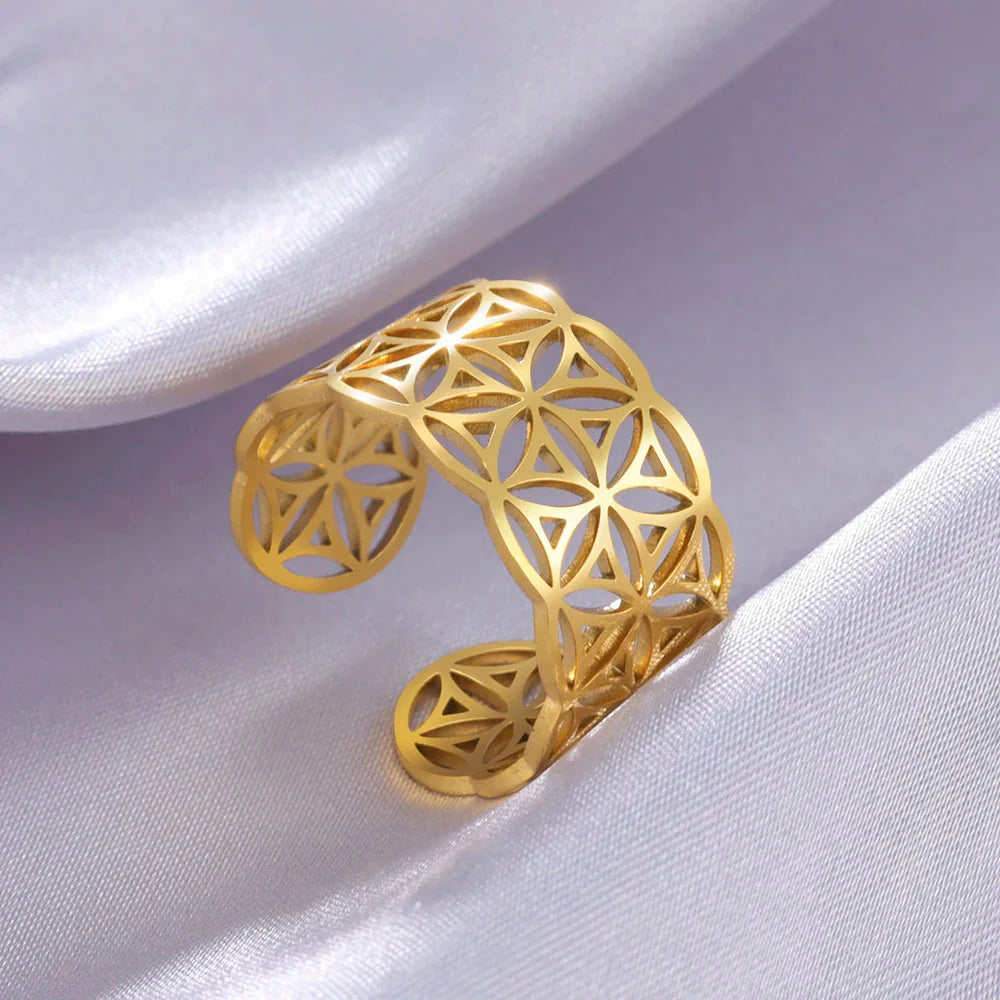 Women's Flower of Life Ring Mandala Gold Band