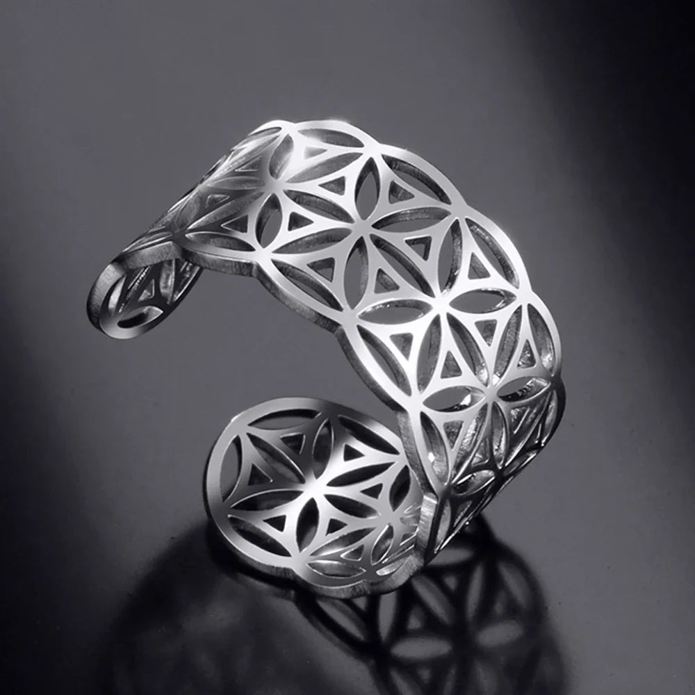Women's Flower of Life Ring Mandala Silver Band