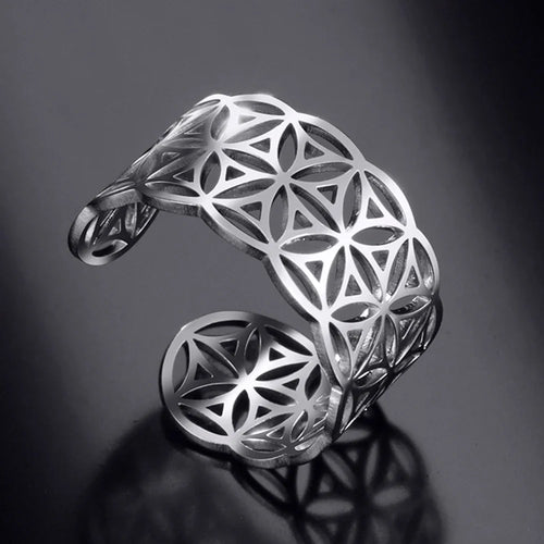 Women's Flower of Life Ring Mandala Silver Band